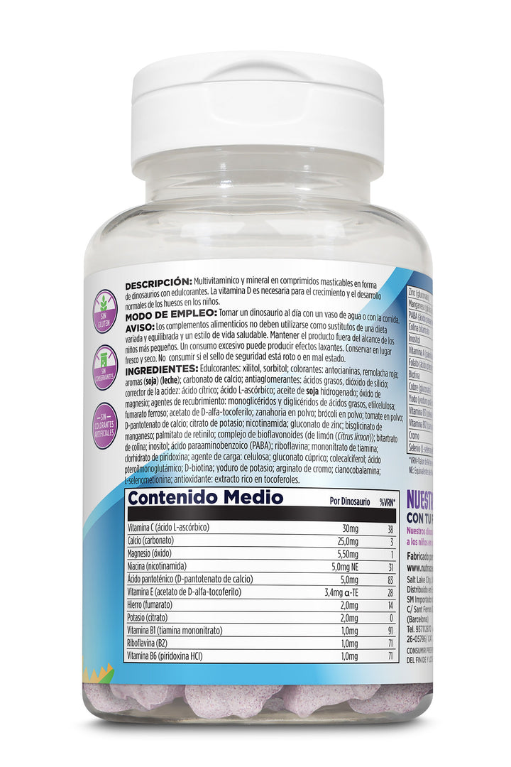 Etiqueta posterior, información nutricional y modo de uso de MULTISAURUS - 60 DINOSAURIOS MASTICABLES