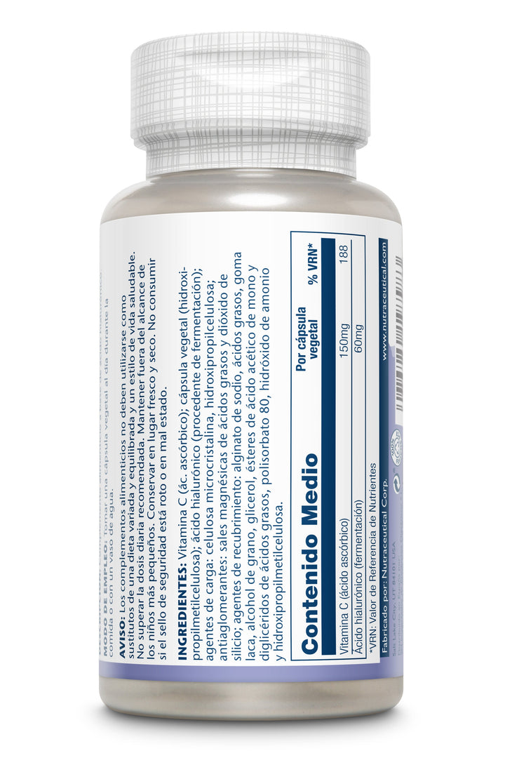 Etiqueta posterior, información nutricional y modo de uso de HYALURONIC ACID 60 MG- 30 VEGCAPS