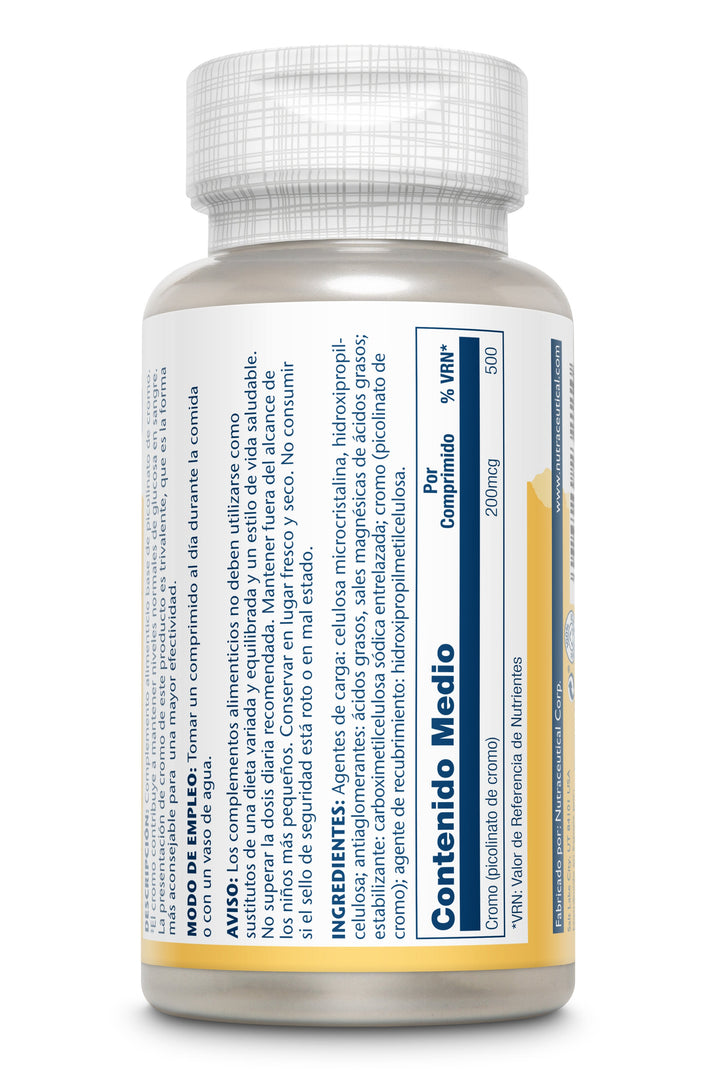 Etiqueta posterior, información nutricional y modo de uso de CROMO PICOLINATO 200 MCG - 50 COMPRIMIDOS