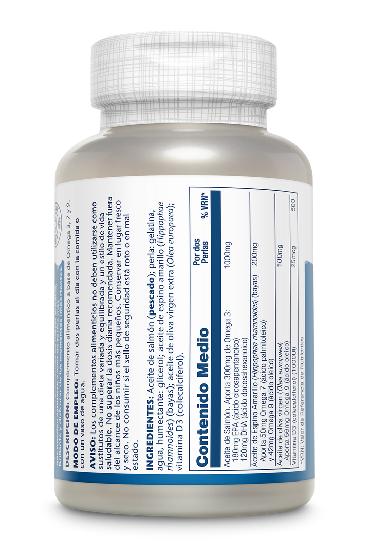 Etiqueta posterior, información nutricional y modo de uso de SUPER OMEGA 3-7-9 - 120 PERLAS