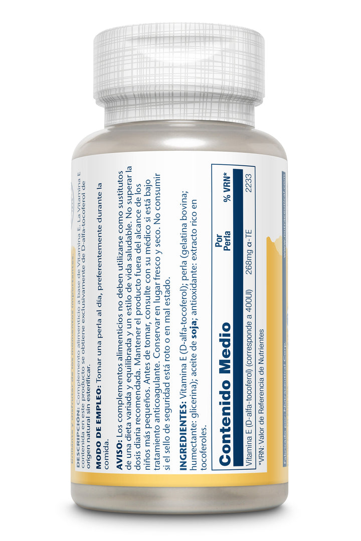 Etiqueta posterior, información nutricional y modo de uso de VITAMINA E - 50 PERLAS