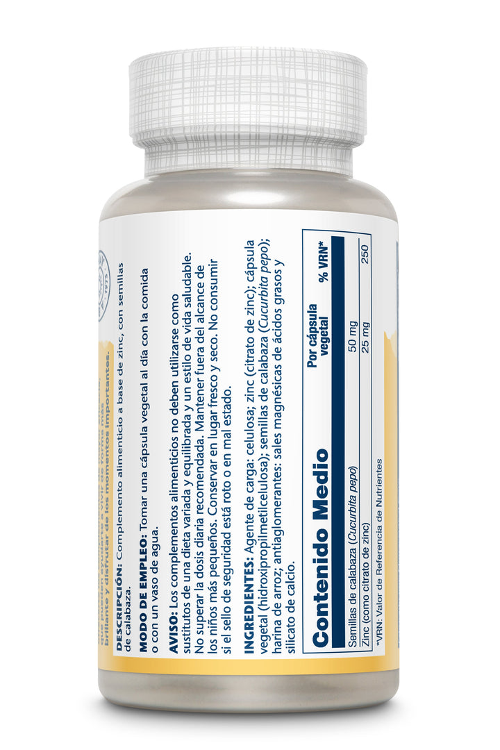 Etiqueta posterior, información nutricional y modo de uso de ZINC CON SEMILLAS DE CALABAZA - 60 VEGCAPS