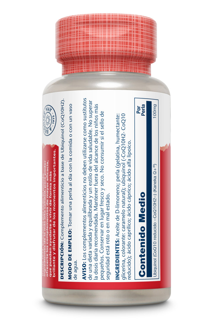 Etiqueta posterior, información nutricional y modo de uso de UBIQUINOL CoQ10 100MG - 30 PERLAS