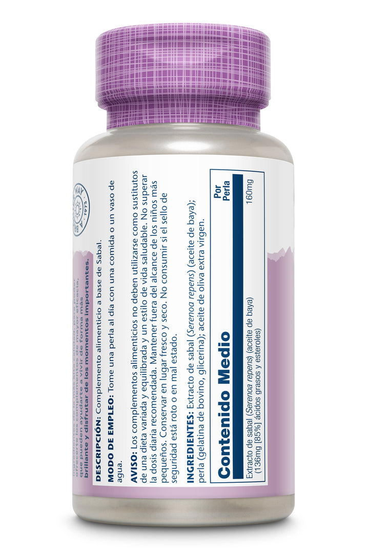 Etiqueta posterior, información nutricional y modo de uso de SAW PALMETTO - 60 PERLAS
