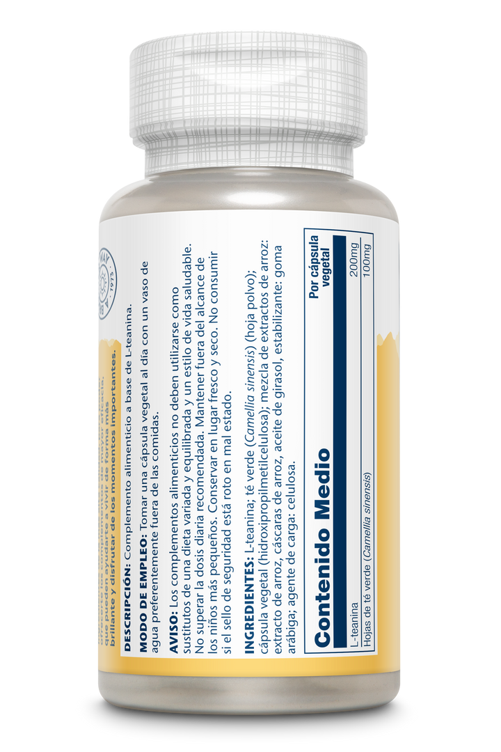 Etiqueta posterior, información nutricional y modo de uso de L-THEANINE - 45 VEGCAPS