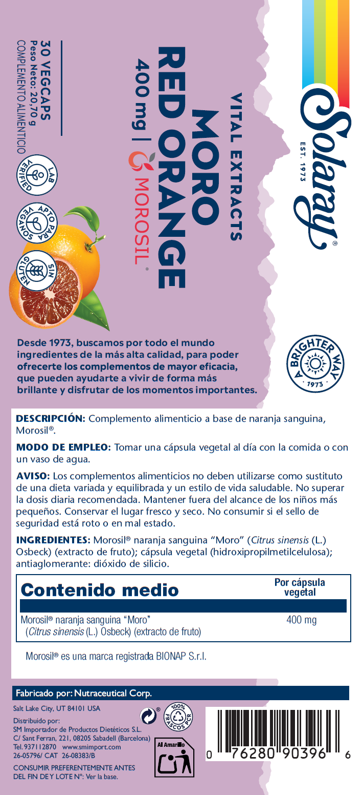 Etiqueta posterior, información nutricional y modo de uso de MOROSIL MORO RED ORANGE 400 MG - 30 VEGCAPS