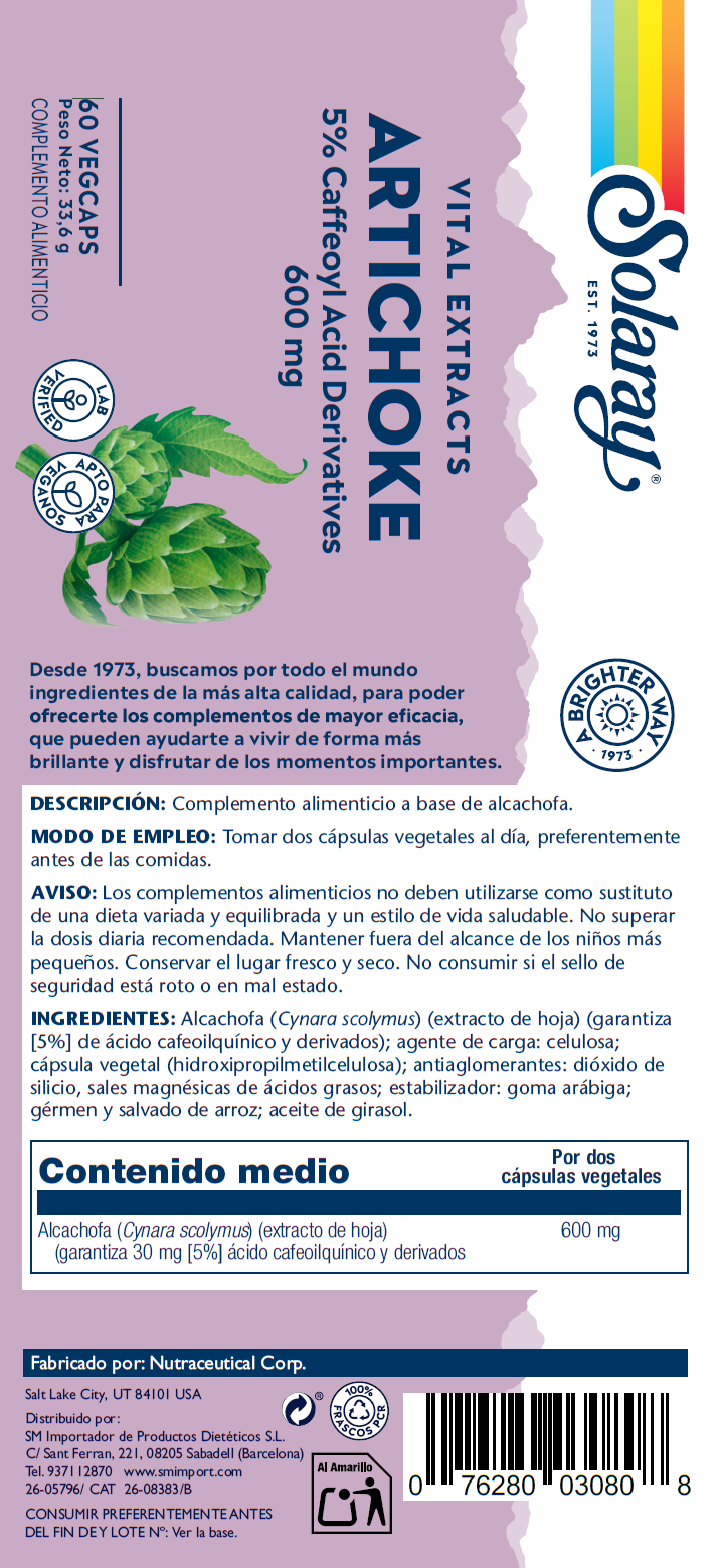 Etiqueta posterior, información nutricional y modo de uso de ARTICHOKE  (ALCACHOFA) - 60 VEGCAPS