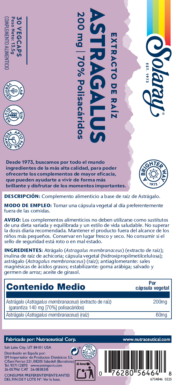 Etiqueta posterior, información nutricional y modo de uso de ASTRAGALUS  - 30 VEGCAPS