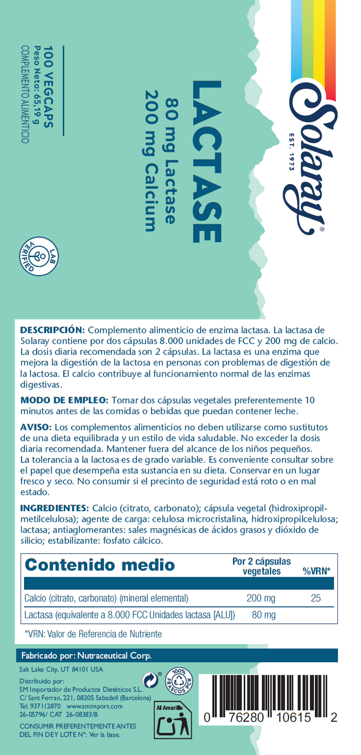 Etiqueta posterior, información nutricional y modo de uso de LACTASE  - 100 VEGCAPS