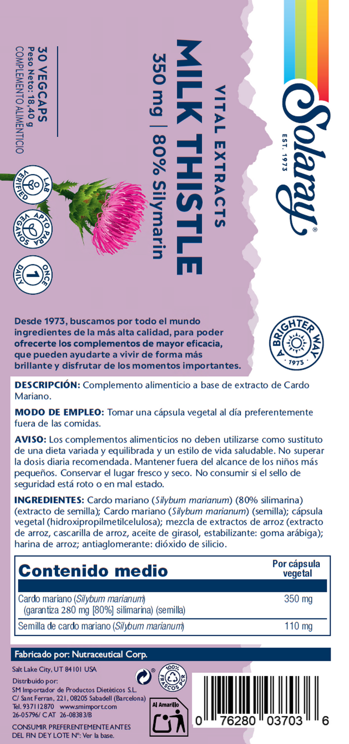Etiqueta posterior, información nutricional y modo de uso de MILK THISTLE - 30 VEGCAPS