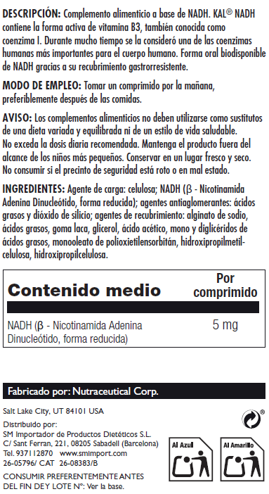 Etiqueta posterior, información nutricional y modo de uso de NADH 5MG. - 30 COMPRIMIDOS