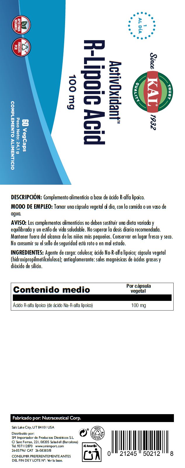 Etiqueta posterior, información nutricional y modo de uso de R-LIPOIC ACID ACTIVOXIDANT - 60 VEGCAPS