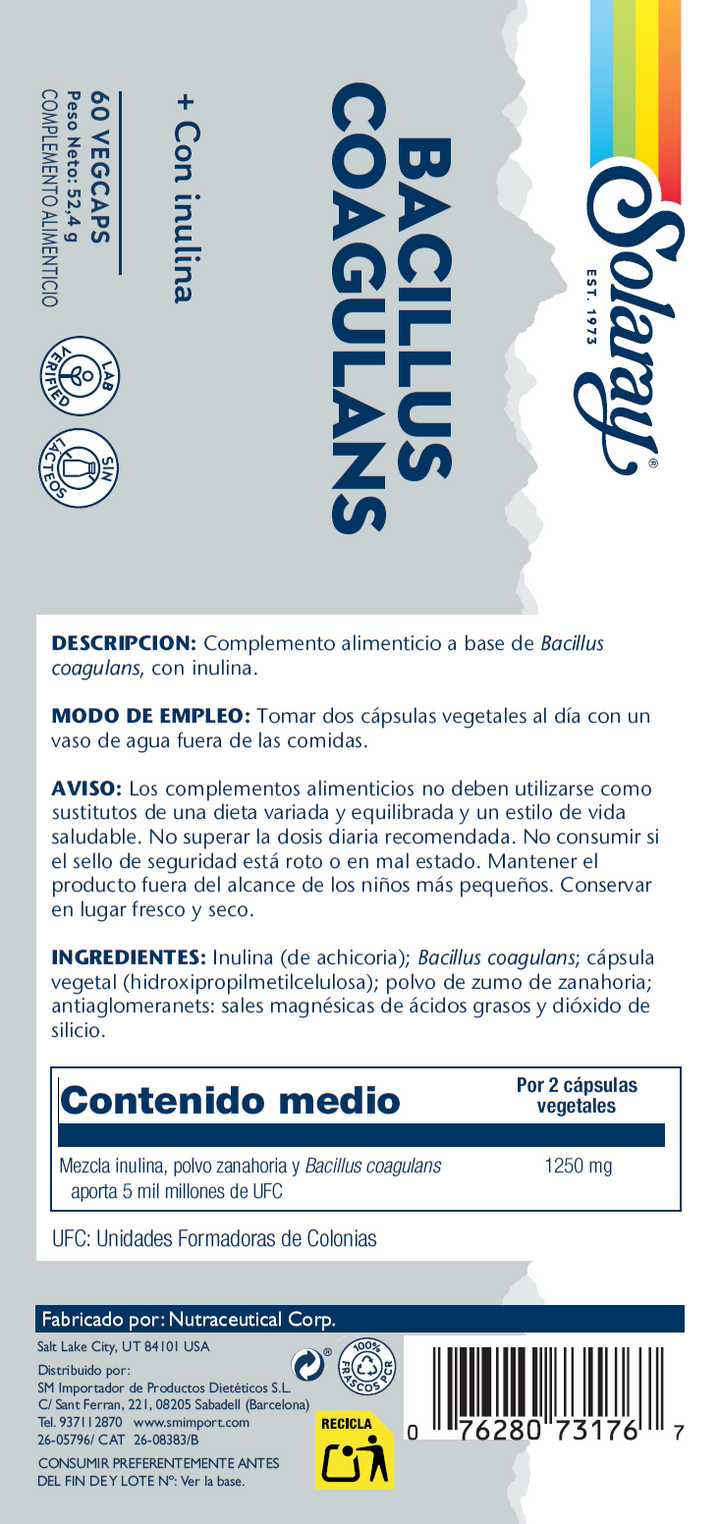 Etiqueta posterior, información nutricional y modo de uso de BACILLUS COAGULANS - 60 VEGCAPS
