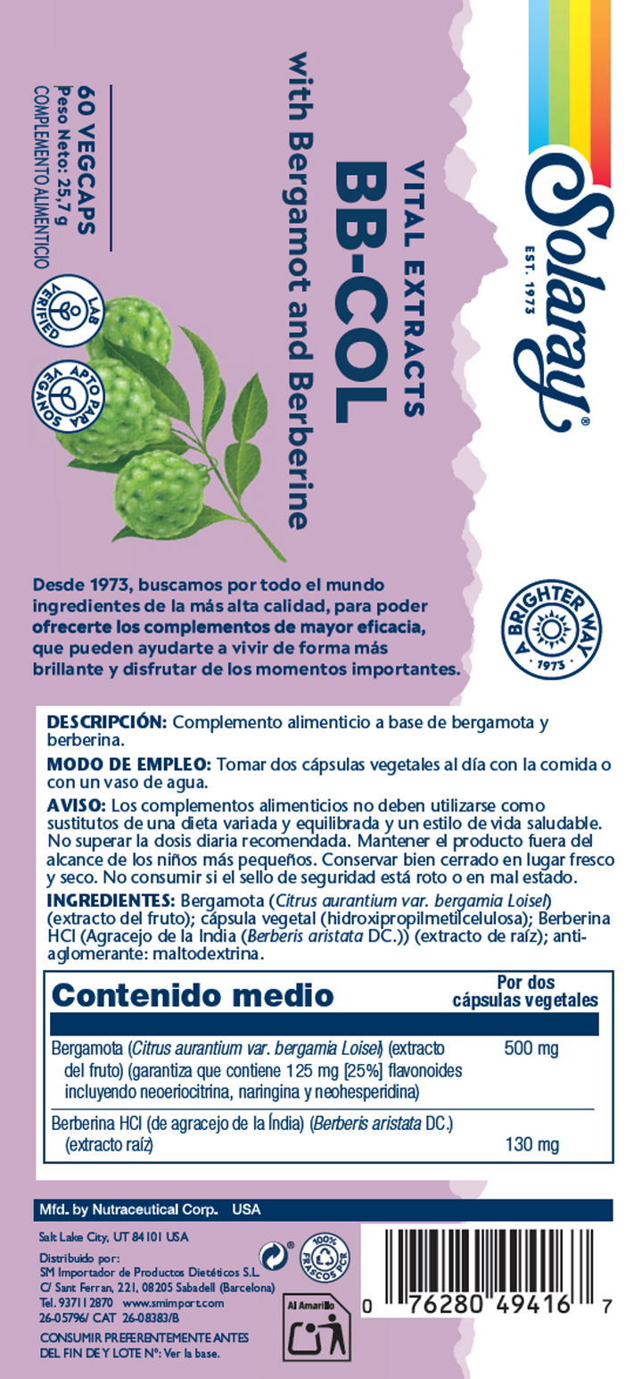 Etiqueta posterior, información nutricional y modo de uso de BB - COL (BERGAMOTO Y BERBERINE)- 60 VEGCAPS