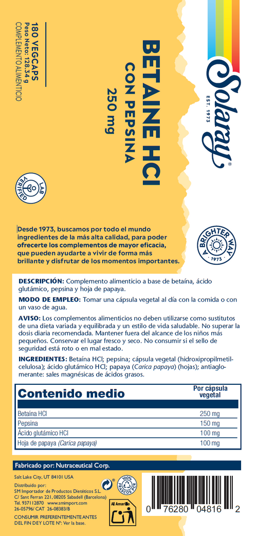 BETAIN HCl CON PEPSINA  - 180 VEGCAPS