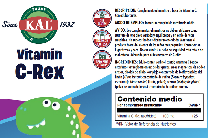 Etiqueta posterior, información nutricional y modo de uso de VITAMINA C REX -100 DINOSAURIOS MASTICABLES