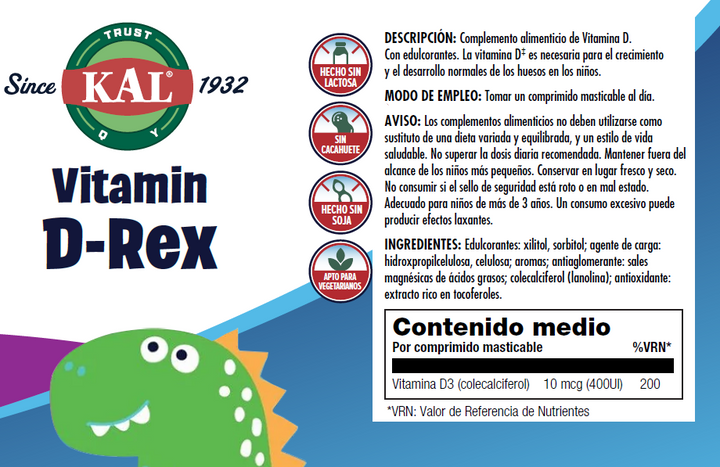 Etiqueta posterior, información nutricional y modo de uso de VITAMINA D REX - 90 DINOS MASTICABLES