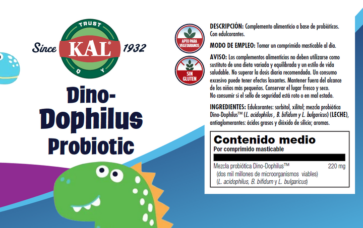 Etiqueta posterior, información nutricional y modo de uso de DINODOPHILUS - 60 DINOS MASTICABLES (SABOR CEREZA)
