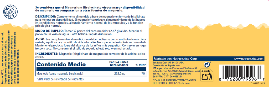 MAGNESIO BISGLYCINATO EN POLVO - 179 GR. (68 DOSIS)