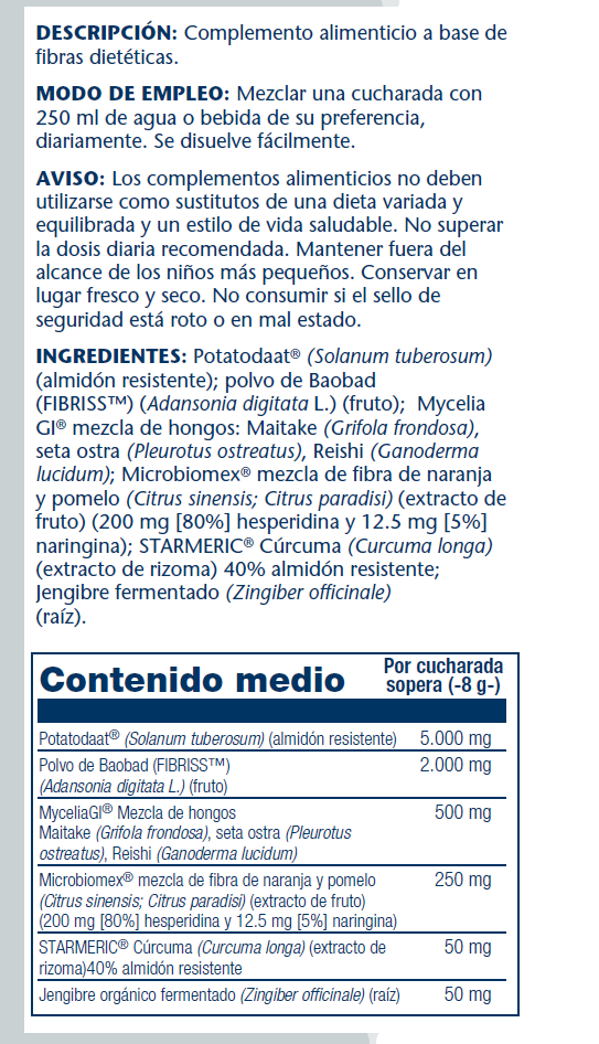 Etiqueta posterior, información nutricional y modo de uso de MYCROBIOME ® -  160 GRAMOS POLVO