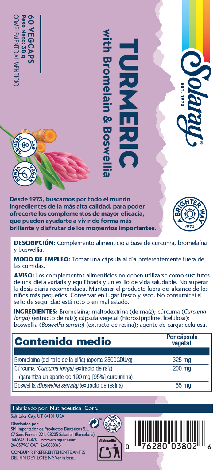 Etiqueta posterior, información nutricional y modo de uso de ADVANCED TURMERIC (BROMELAINA & BOSWELLIA) - 60 VEGCAPS