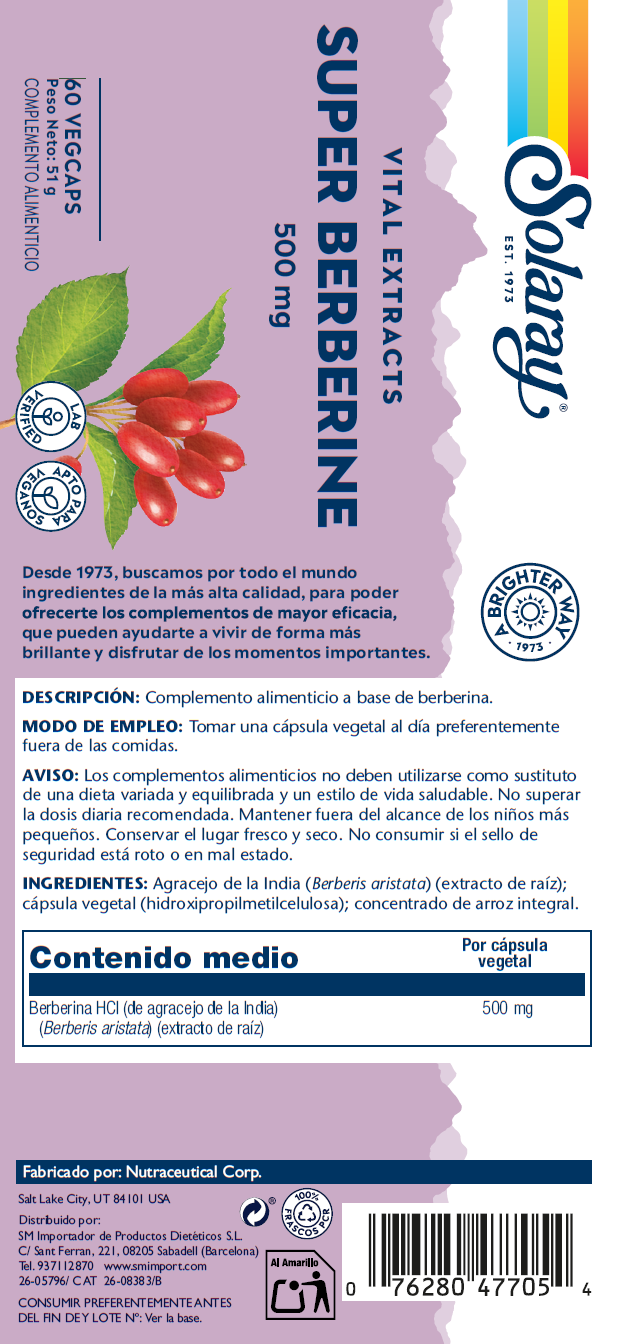 Etiqueta posterior, información nutricional y modo de uso de SUPER BERBERINE - 60 VEGCAPS