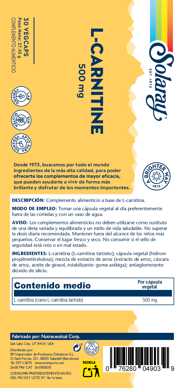 Etiqueta posterior, información nutricional y modo de uso de L- CARNITINE - 30 VEGCAPS