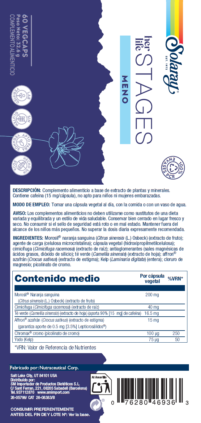 Etiqueta posterior, información nutricional y modo de uso de MENO STAGES - 60 VEGCAPS